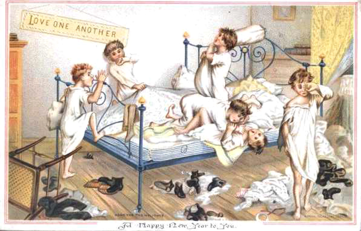 Boys in bedroom 1881 - No 02 in series of four amusing vintage Christmas cards