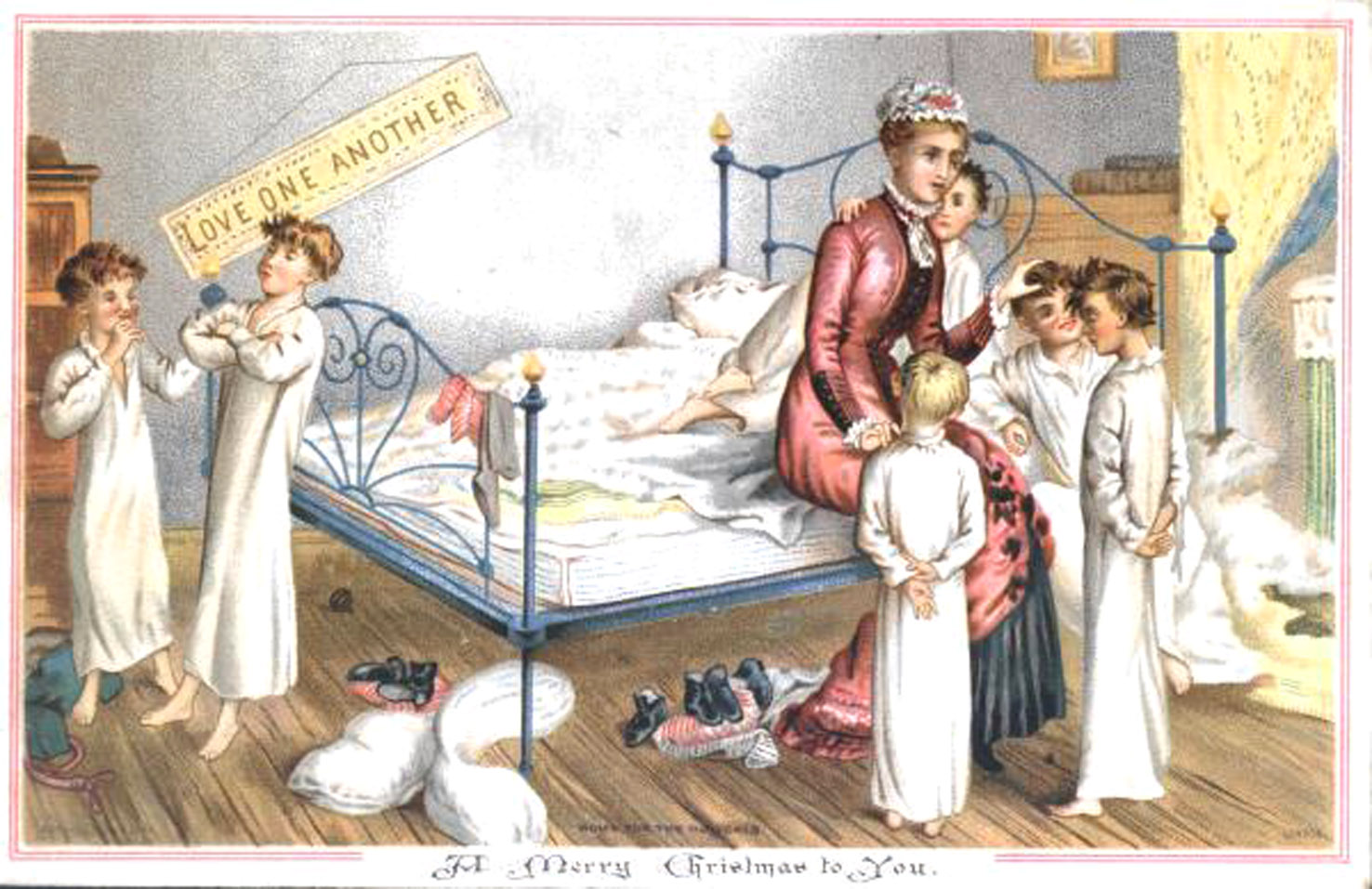 Boys in bedroom 1881 - No 04 in series of four amusing vintage Christmas cards