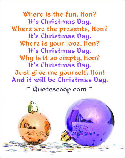 Modern looking Christmas greeting card with funny Christmas poem. Picture of two Christmas balls, an orange and a purple one.