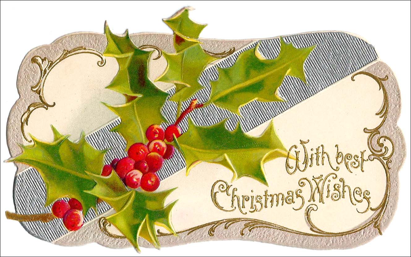 Die cut Christmas greeting card, circa 1900, with silver and holly