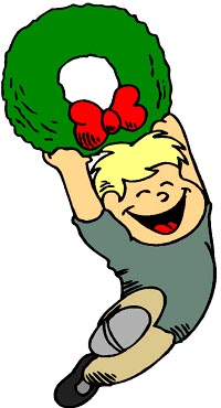 Drawing of little boy running with Christmas garland.