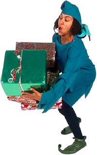 Quotes about Christmas stress: Funny elf tripping with lots of Christmas presents.