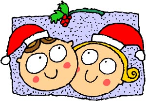 Cute drawing of little girl and boy in Father Christmas hats.