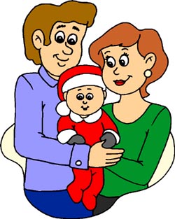 Drawing of mom and dad and baby in Christmas costume.