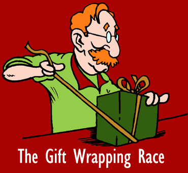Man wrapping up Christmas gifts in the Gift wrapping race!