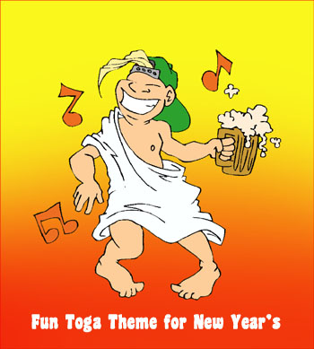 Fun toga theme for New Year's. Boy dancing in a toga with a beer in his hand.