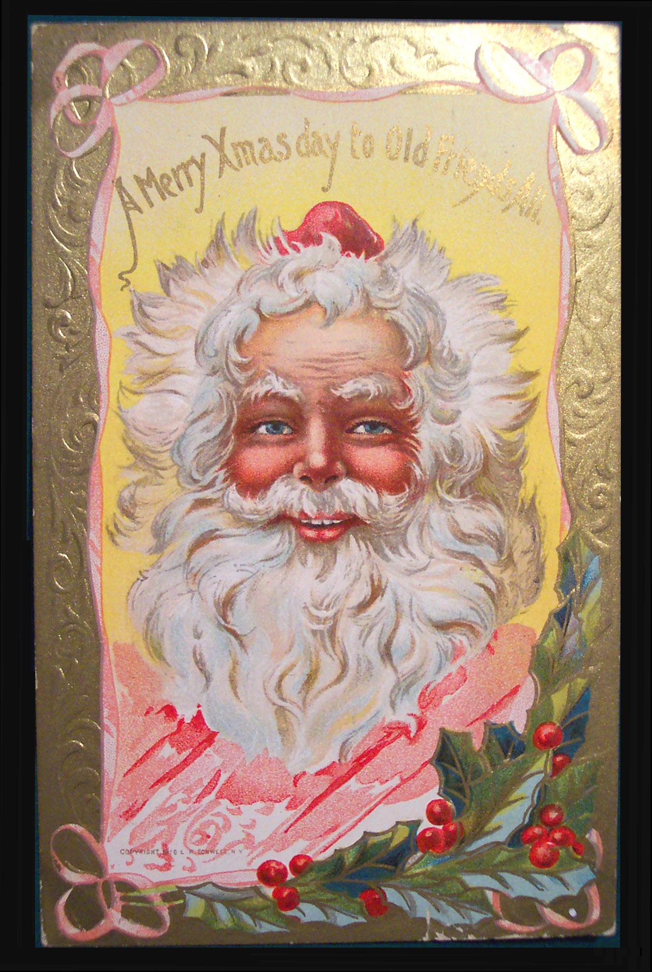 Funny face of Santa Claus - vintage Xmas greeting card