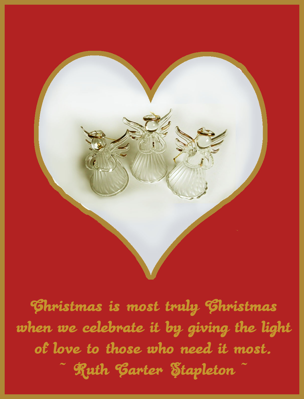 Printable Christmas card with glass angels in a heart and a quote of love.