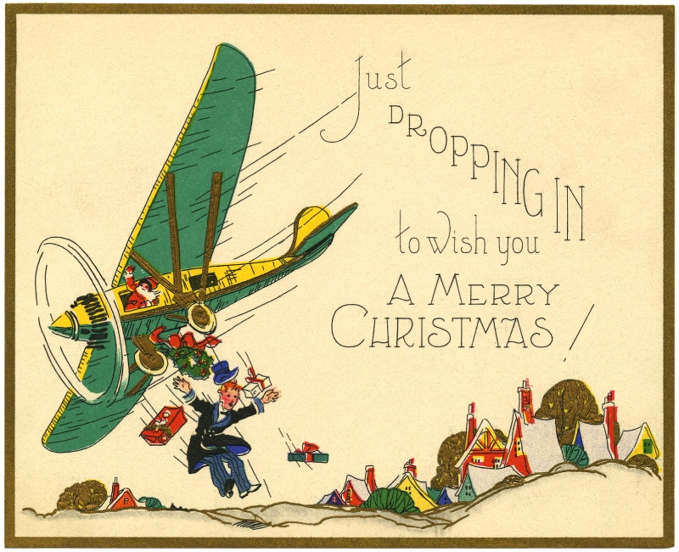 Man just dropping in ... from airplane - funny vintage Christmas card