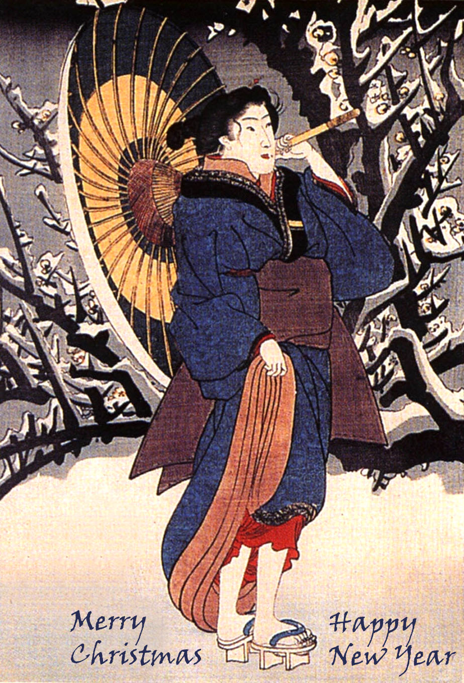 Japanese woman with umbrella in snow by Kuniyoshi Utagawa - Christmas and New Year card