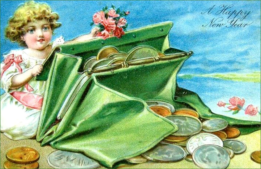 Colorful Vintage New Years Card: Little girl behind green purse with silver and gold coins.