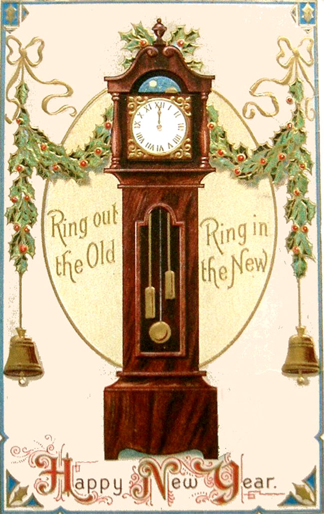 Vintage New Year Postcard of old grandfather clock.