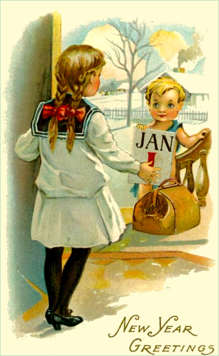 Happy New Years Vintage Postcard: Girl opening door for little boy with calendar leaf.