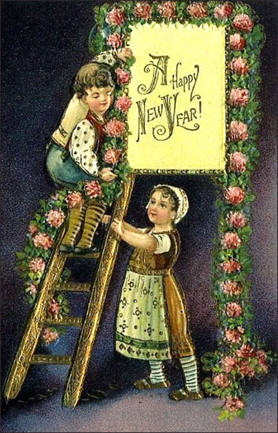 Vintage cards like this one with little boy on ladder setting up a sign with Happy New Year.