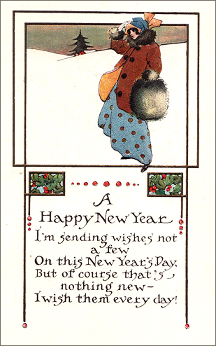 new year cards poem art nouveau woman in snow