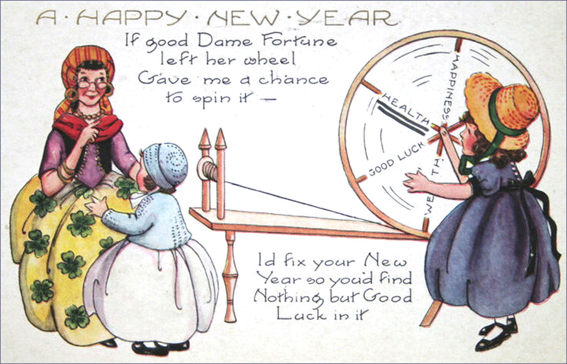 Vintage Happy New Year Post Card: Dame Fortune and spinning wheel.