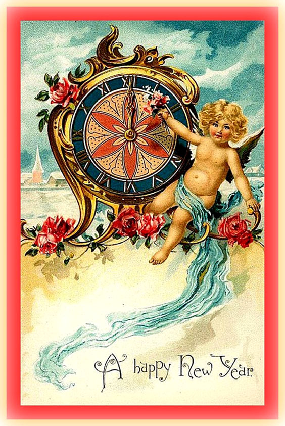Colorful New Years vintage Card: Little angel in front of old clock.