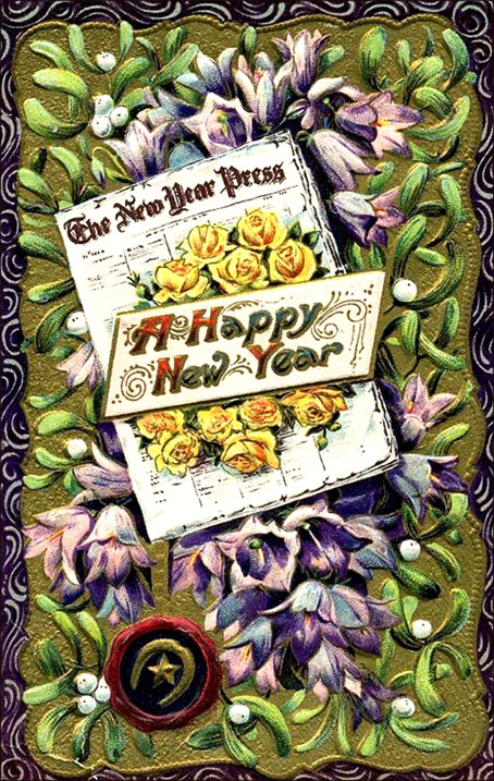 Old colorful postcard for New Year's: Newspaper and flowers.