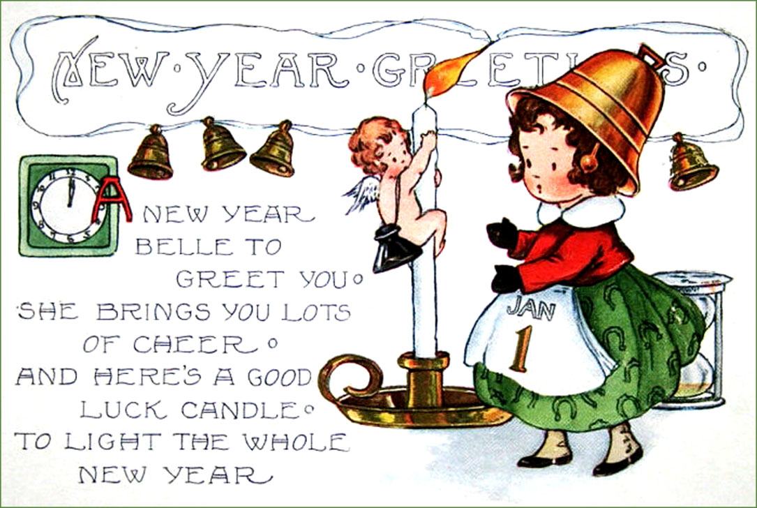 Vintage New Year postcards: Little girl with bell hat and sweet New Years poem.