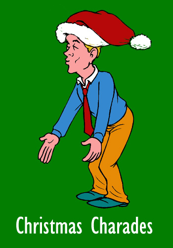 Man with Santa hat playing Christmas charades.