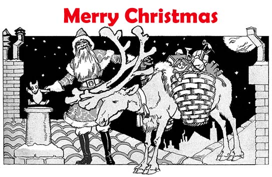 Funny vintage drawing, Santa Claus, reindeer, presents