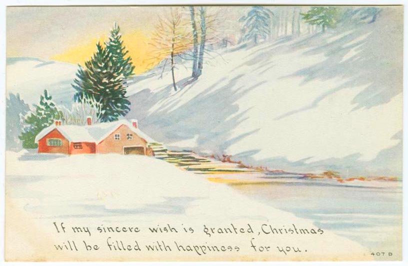 Christmas vintage postcard, painting or house, river, snow