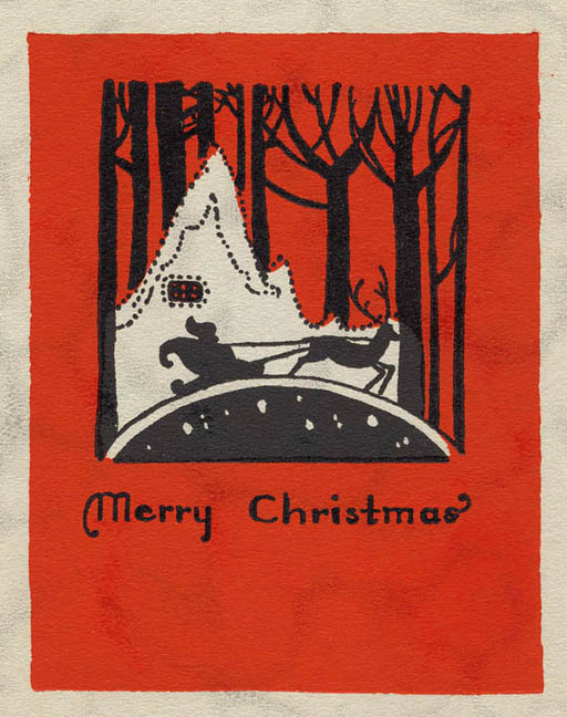 Christmas cards to print - vintage postcard, Santa Claus, silhouette, sleigh, forest