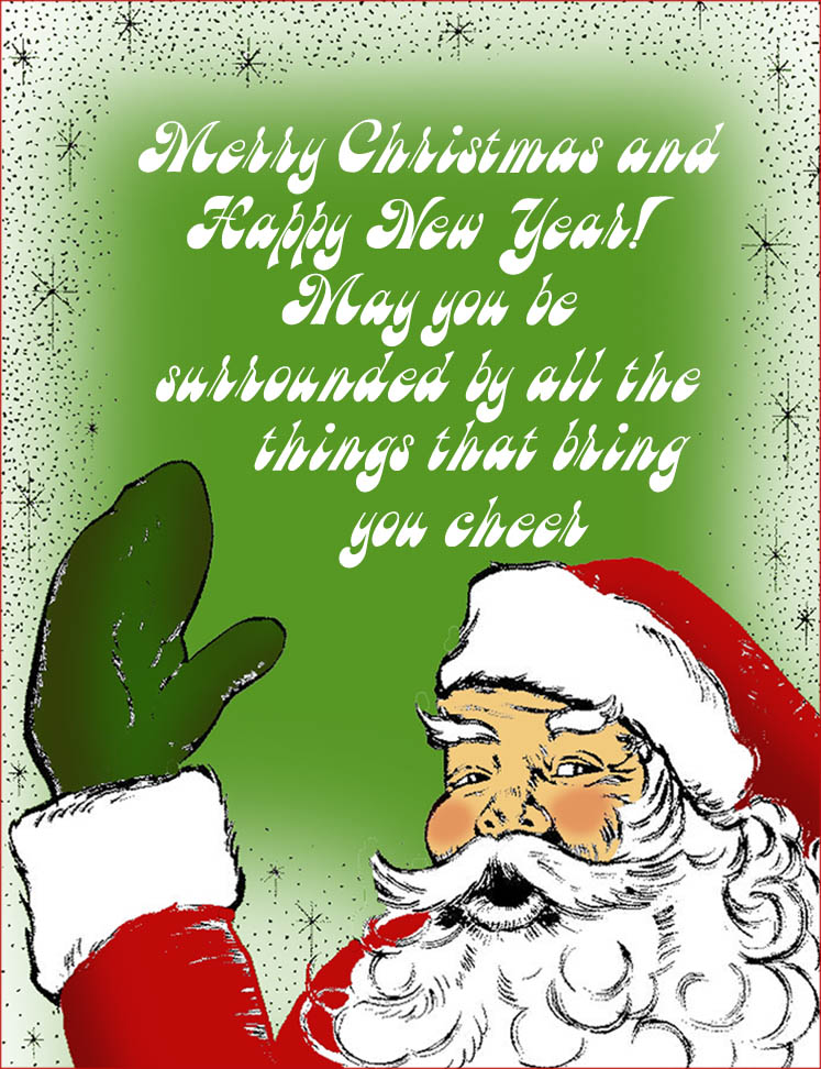 Christmas greeting card with happy Santa waving.