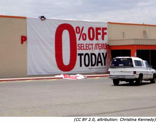 Funny sales signs: 0% Off. Select Items Today!
