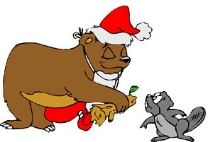 Funny Christmas Drawing: Badger getting a Christmas present by a Santa bear.