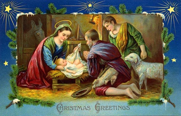 Vintage Christmas card: starlight, child in manger.