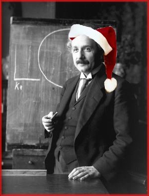 The meaning of Christmas according to Einstein: A young Albert Einstein with father Christmas hat.