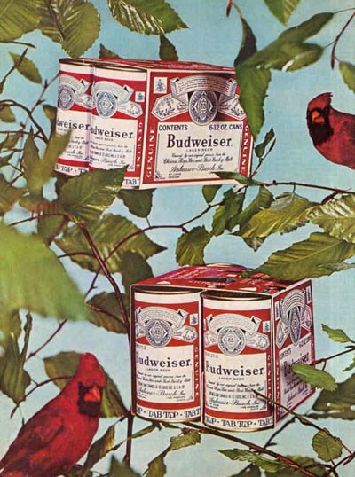 Old Budweiser ad - six packs hanging in a tree - great alcohol ads