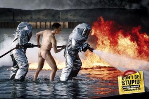 funny condom ads from condomshop.com - firemen, don't be stupid, protect yourself