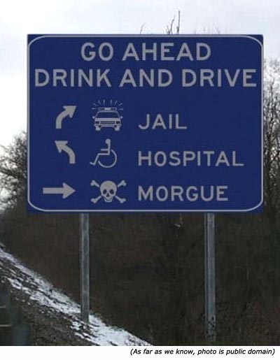 Funny warning signs: Go Ahead. Drink and Drive: Jail, Hospital Morgue!