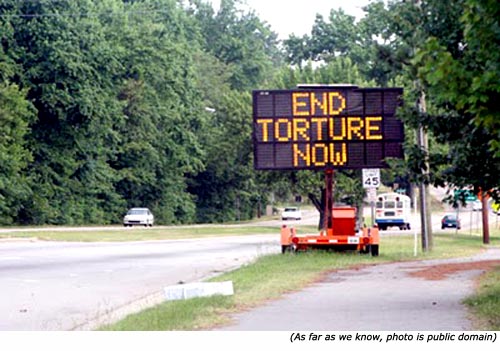 Funny traffic signs and funny road work signs: End Torture Now. 
