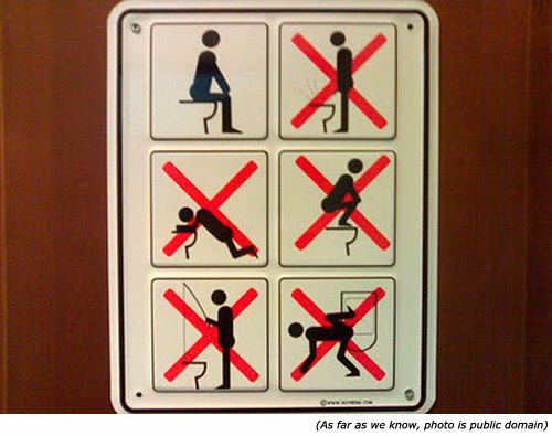 Funny bathroom signs with illustrative instruction on how to use the toilet.