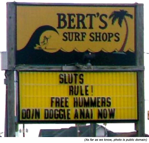 A funny road sign with Bert's Surf Shops: Sluts rule! Free Hummers doing doggie anal now!