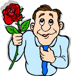 Funny drawing of shy man holding a big red rose.