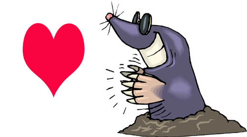 Funny drawing of a mole with sunglasses and a big red heart.