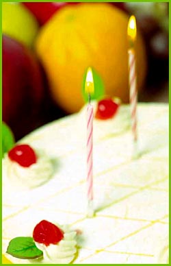 Close up photo of white birthday cake and two candles.