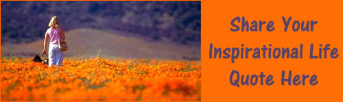 Inspirational Life Quote: woman walking with her dog in a field of orange golden poppies.