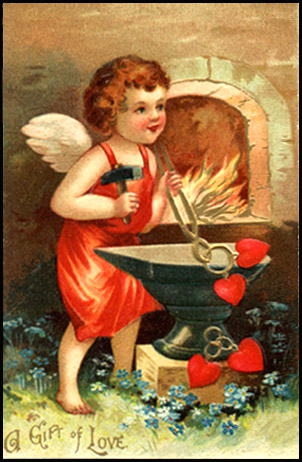 Vintage postcard cupid drawing red love hearts