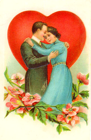 Inspirational Love Quotes - vintage postcard - drawing of couple in love embracing red love heart and pink flowers