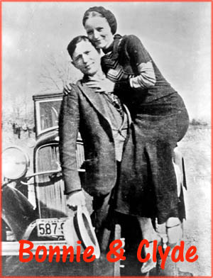 Inspirational love stories: Old photo of Bonnie and Clyde in front of their car. 1930s.