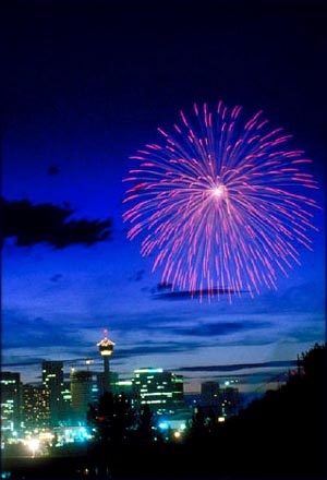 Pink firework on city night skyline.