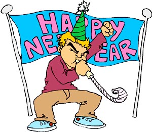 Happy New Year banner: Drawing of young boy blowing a New Years noise maker.