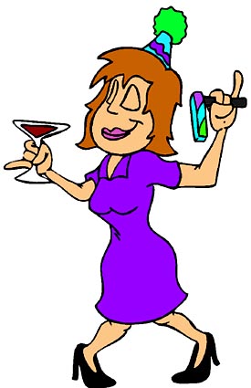 Hilarious drawing of drunk woman with drinks at a party.