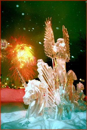Fruitful New Year Wishes: Pretty firework behind creative ice statue.