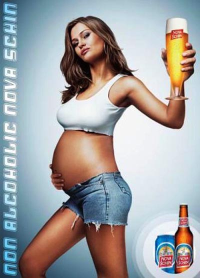 Nova Schin beer ads, non-alcoholic - pregnant woman in denim shorts and a glass of beer in her hand.